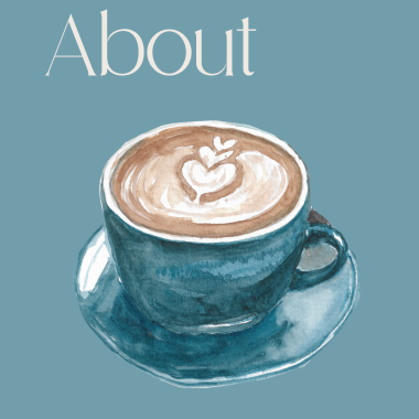 About - watercolor illustration of coffee cup with heart latte art