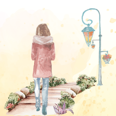 watercolor illstration of woman walking on path toward street lamp